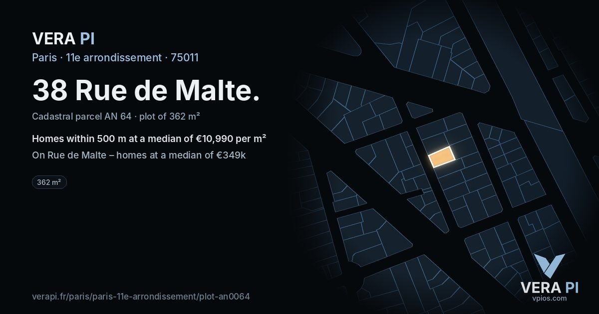 38 Rue de Malte, 11e arrondissement at night – the plot lit, the parcels around coloured by the prices near them