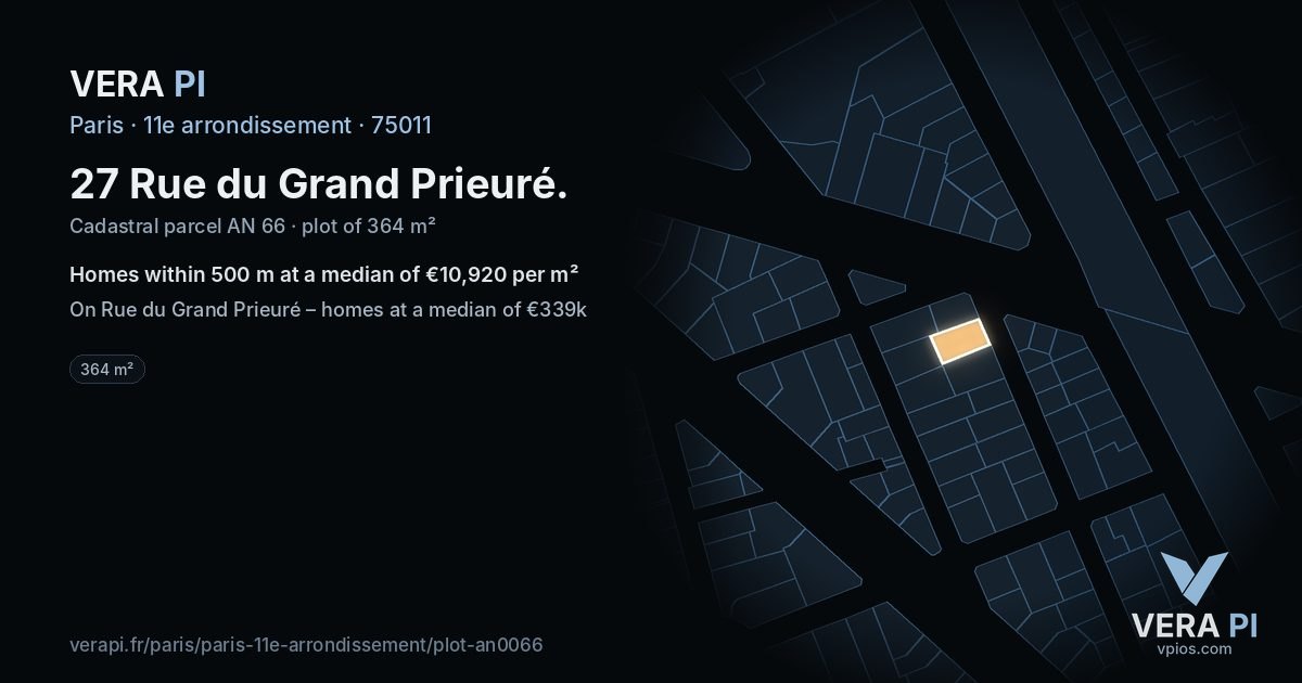 27 Rue du Grand Prieuré, 11e arrondissement at night – the plot lit, the parcels around coloured by the prices near them