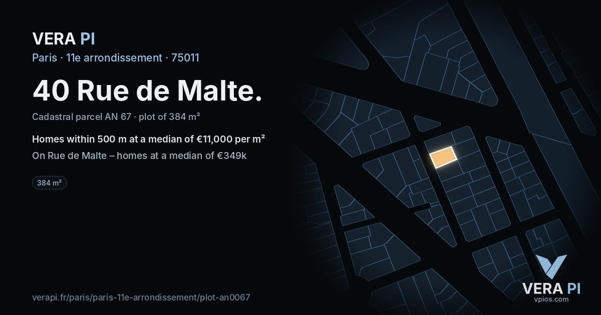 40 Rue de Malte, 11e arrondissement at night – the plot lit, the parcels around coloured by the prices near them