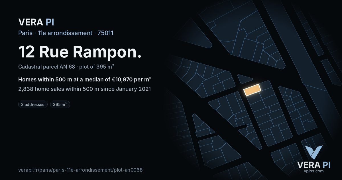 12 Rue Rampon, 11e arrondissement at night – the plot lit, the parcels around coloured by the prices near them