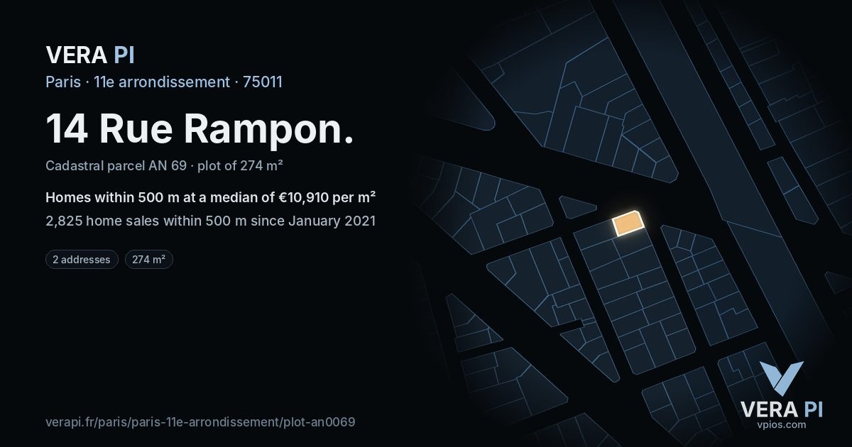 14 Rue Rampon, 11e arrondissement at night – the plot lit, the parcels around coloured by the prices near them