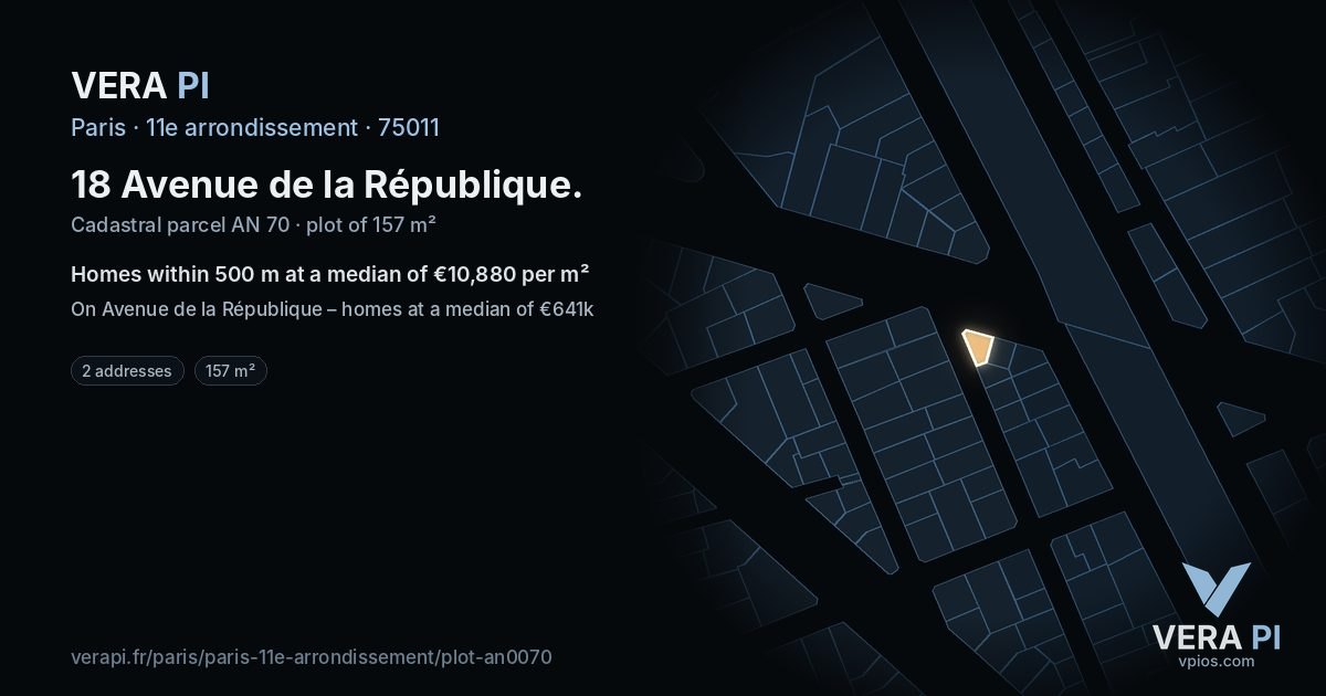 18 Avenue de la République, 11e arrondissement at night – the plot lit, the parcels around coloured by the prices near them