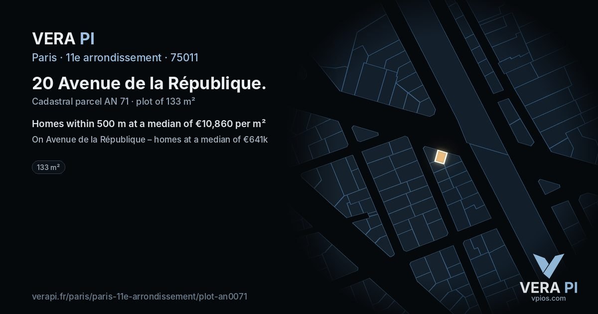 20 Avenue de la République, 11e arrondissement at night – the plot lit, the parcels around coloured by the prices near them