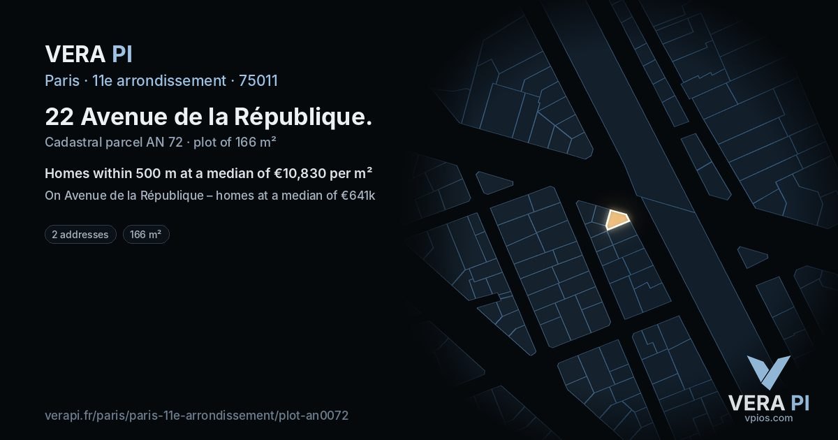 22 Avenue de la République, 11e arrondissement at night – the plot lit, the parcels around coloured by the prices near them