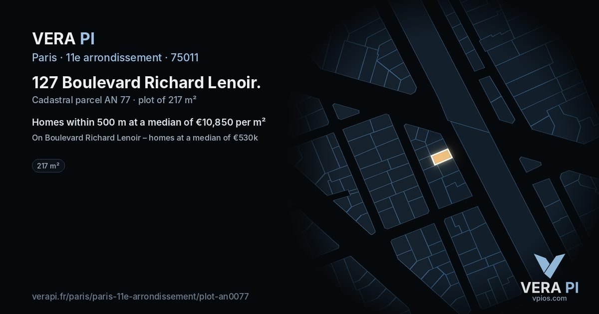 127 Boulevard Richard Lenoir, 11e arrondissement at night – the plot lit, the parcels around coloured by the prices near them