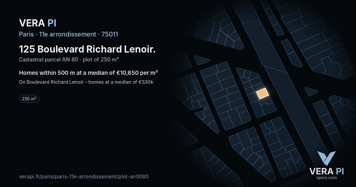 125 Boulevard Richard Lenoir, 11e arrondissement at night – the plot lit, the parcels around coloured by the prices near them