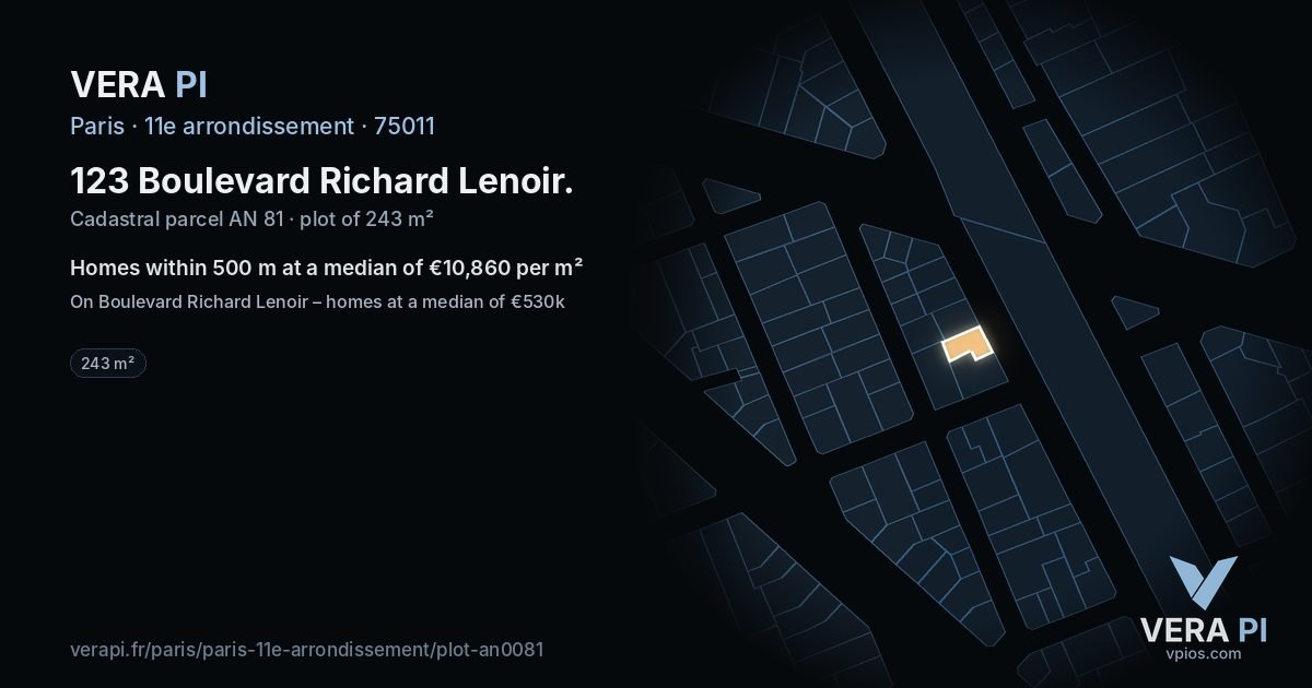 123 Boulevard Richard Lenoir, 11e arrondissement at night – the plot lit, the parcels around coloured by the prices near them