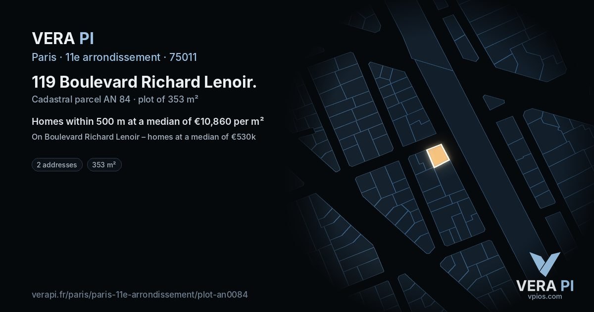 119 Boulevard Richard Lenoir, 11e arrondissement at night – the plot lit, the parcels around coloured by the prices near them