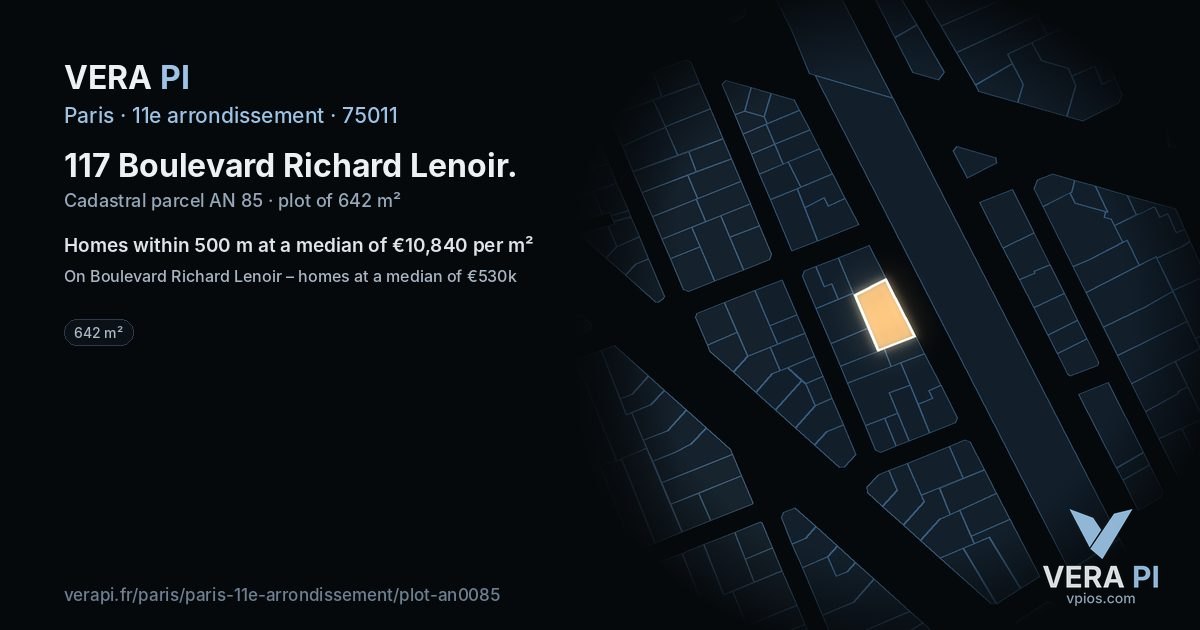 117 Boulevard Richard Lenoir, 11e arrondissement at night – the plot lit, the parcels around coloured by the prices near them