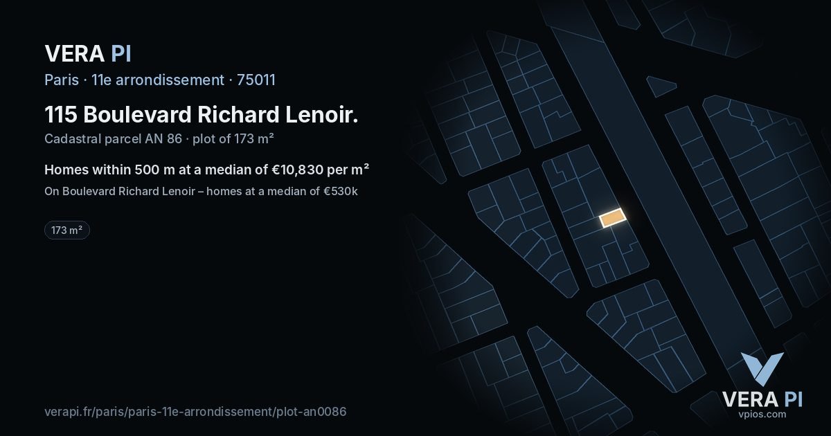 115 Boulevard Richard Lenoir, 11e arrondissement at night – the plot lit, the parcels around coloured by the prices near them