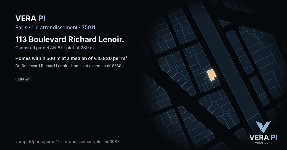 113 Boulevard Richard Lenoir, 11e arrondissement at night – the plot lit, the parcels around coloured by the prices near them