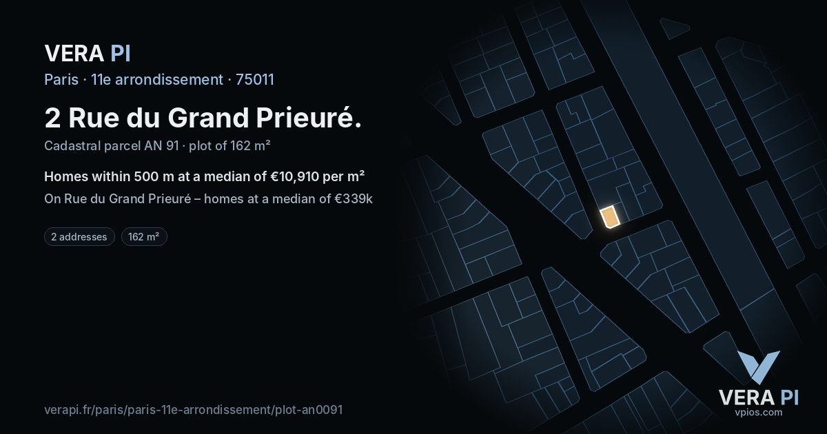 2 Rue du Grand Prieuré, 11e arrondissement at night – the plot lit, the parcels around coloured by the prices near them