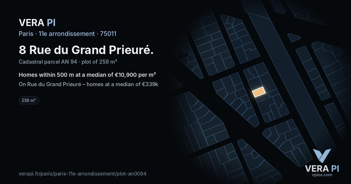 8 Rue du Grand Prieuré, 11e arrondissement at night – the plot lit, the parcels around coloured by the prices near them