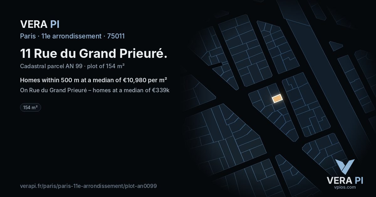 11 Rue du Grand Prieuré, 11e arrondissement at night – the plot lit, the parcels around coloured by the prices near them