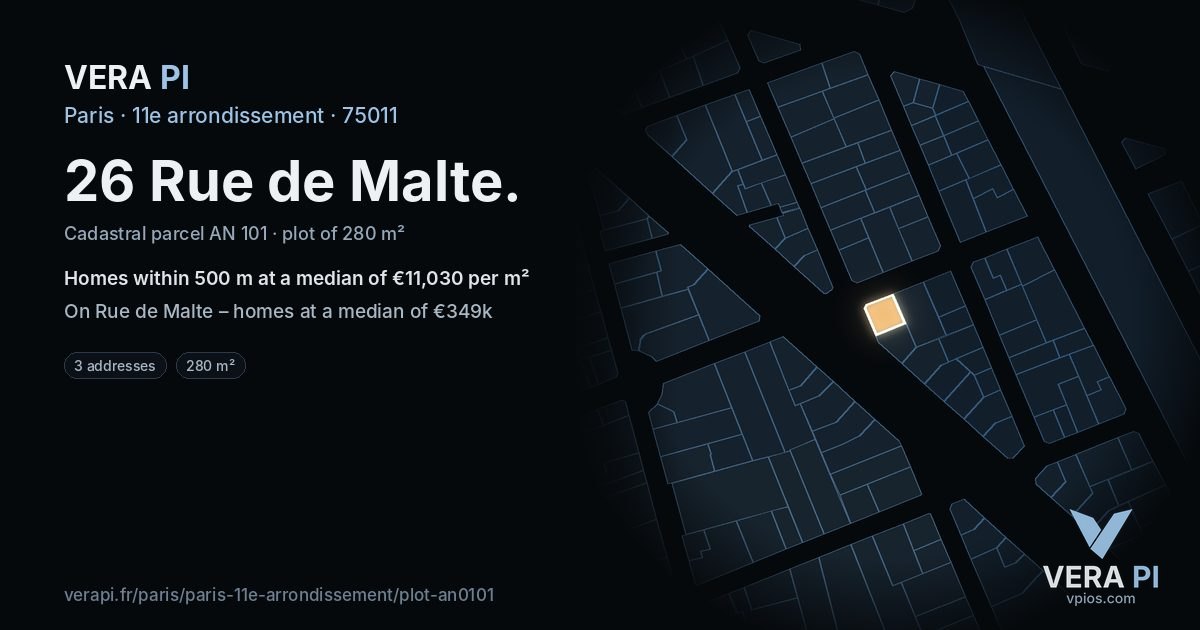 26 Rue de Malte, 11e arrondissement at night – the plot lit, the parcels around coloured by the prices near them