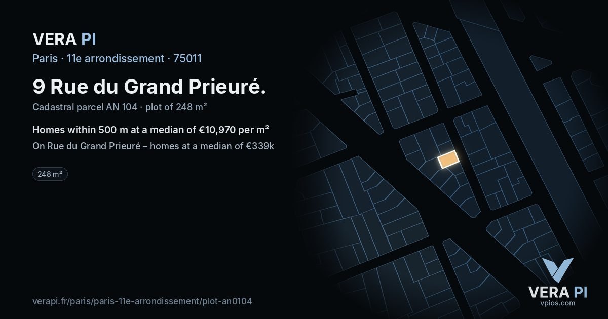 9 Rue du Grand Prieuré, 11e arrondissement at night – the plot lit, the parcels around coloured by the prices near them