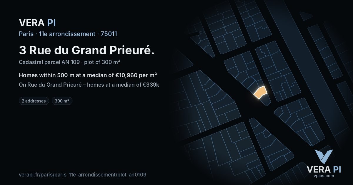 3 Rue du Grand Prieuré, 11e arrondissement at night – the plot lit, the parcels around coloured by the prices near them