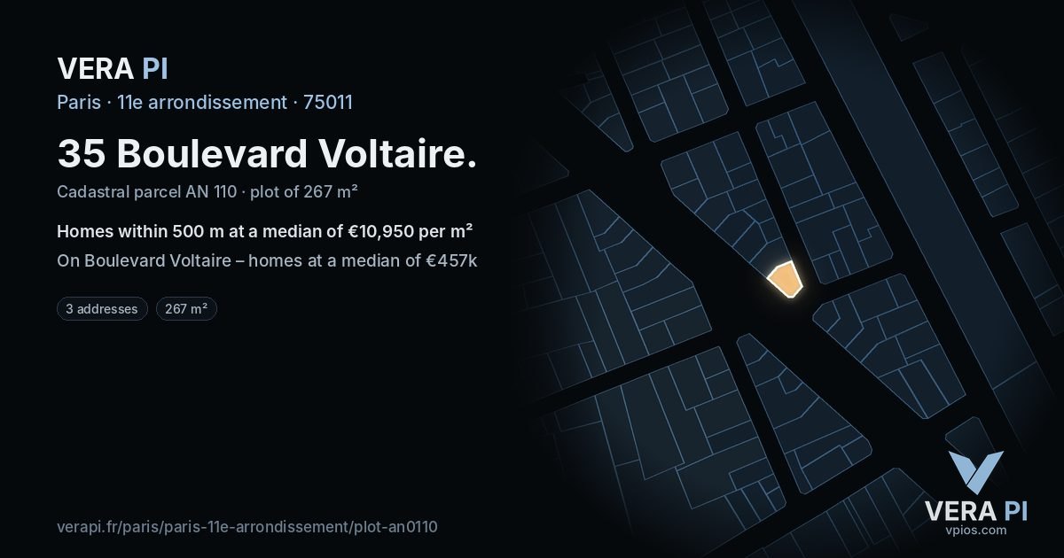 35 Boulevard Voltaire, 11e arrondissement at night – the plot lit, the parcels around coloured by the prices near them