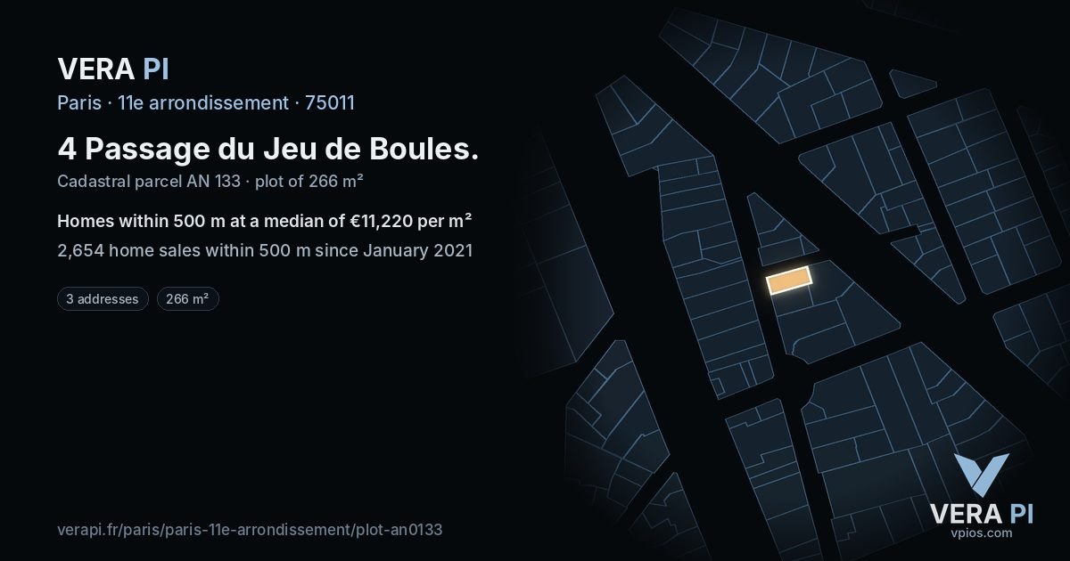4 Passage du Jeu de Boules, 11e arrondissement at night – the plot lit, the parcels around coloured by the prices near them