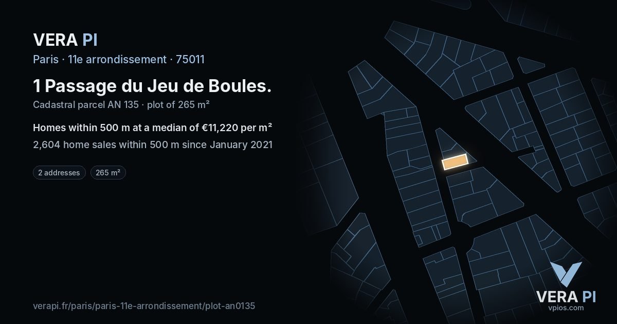 1 Passage du Jeu de Boules, 11e arrondissement at night – the plot lit, the parcels around coloured by the prices near them