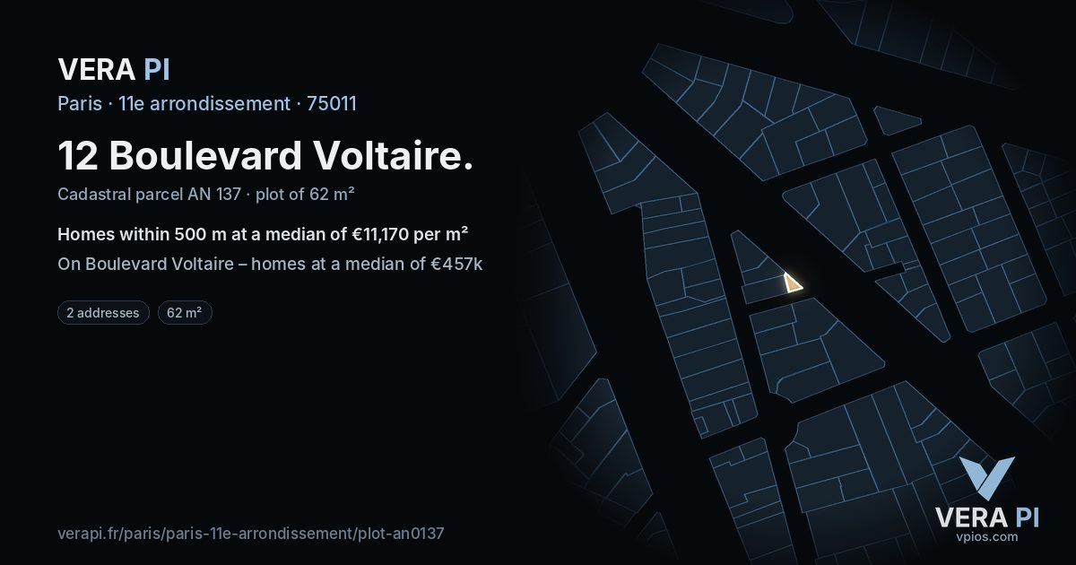 12 Boulevard Voltaire, 11e arrondissement at night – the plot lit, the parcels around coloured by the prices near them