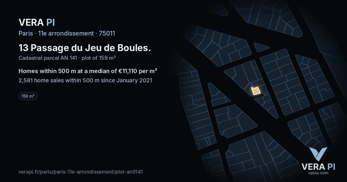 13 Passage du Jeu de Boules, 11e arrondissement at night – the plot lit, the parcels around coloured by the prices near them