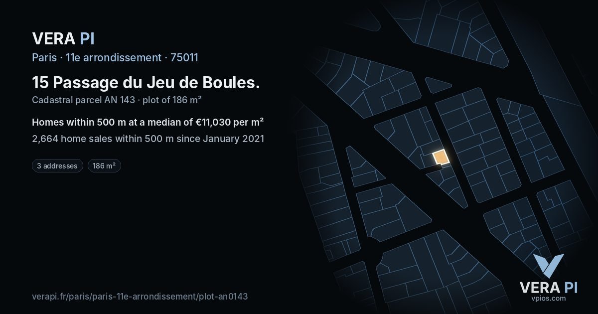 15 Passage du Jeu de Boules, 11e arrondissement at night – the plot lit, the parcels around coloured by the prices near them