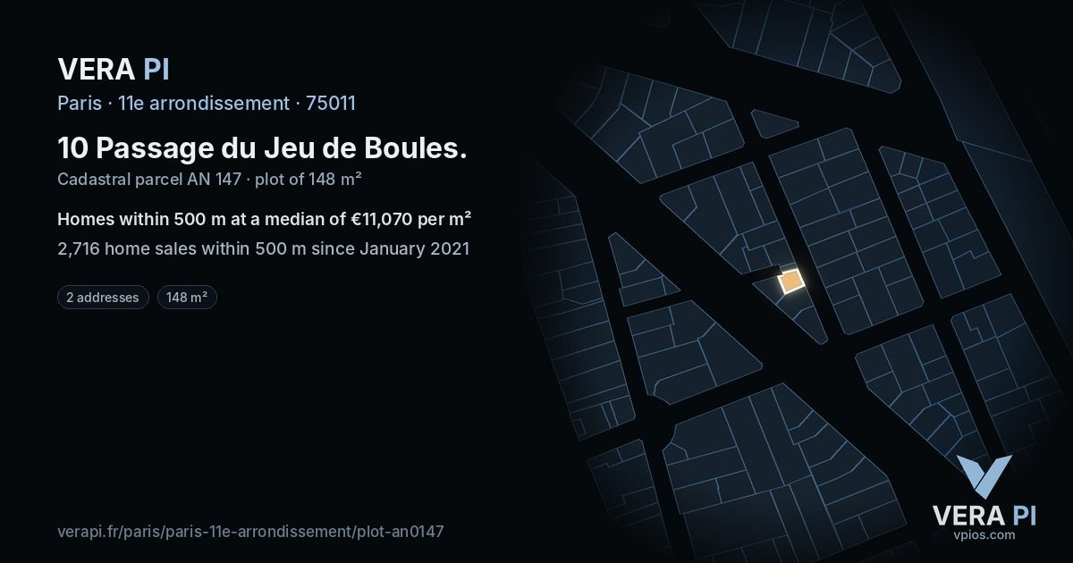 10 Passage du Jeu de Boules, 11e arrondissement at night – the plot lit, the parcels around coloured by the prices near them