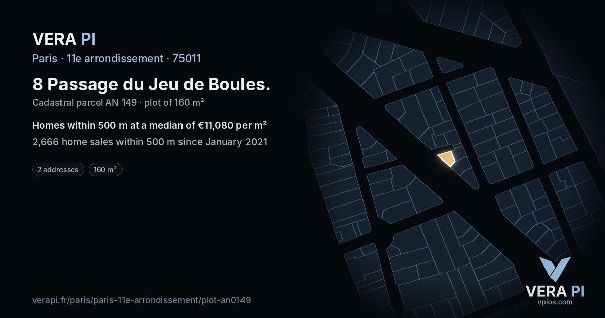 8 Passage du Jeu de Boules, 11e arrondissement at night – the plot lit, the parcels around coloured by the prices near them