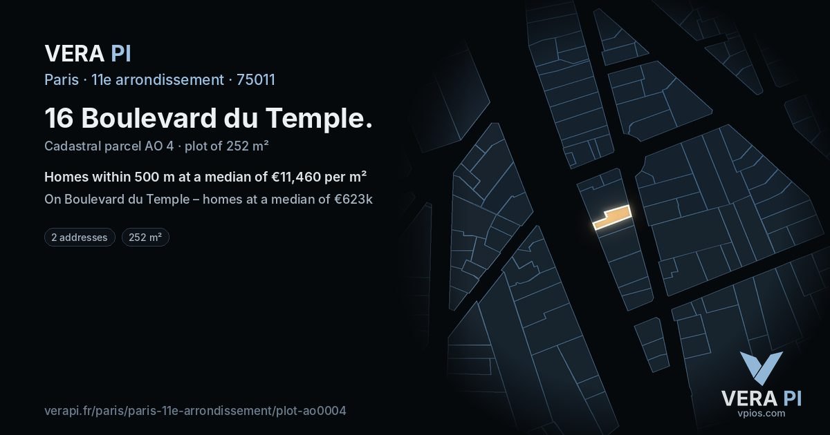 16 Boulevard du Temple, 11e arrondissement at night – the plot lit, the parcels around coloured by the prices near them