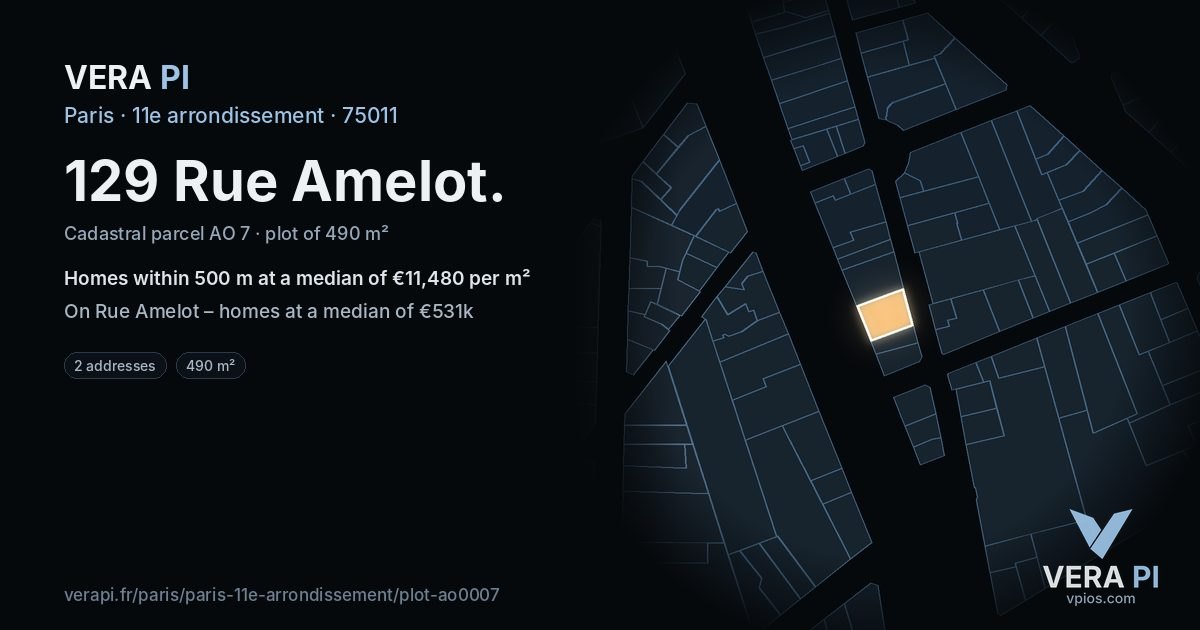 129 Rue Amelot, 11e arrondissement at night – the plot lit, the parcels around coloured by the prices near them