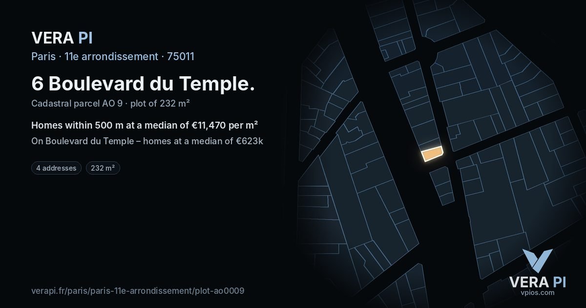 6 Boulevard du Temple, 11e arrondissement at night – the plot lit, the parcels around coloured by the prices near them