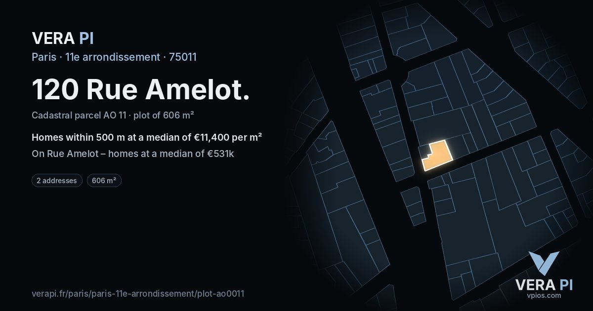 120 Rue Amelot, 11e arrondissement at night – the plot lit, the parcels around coloured by the prices near them