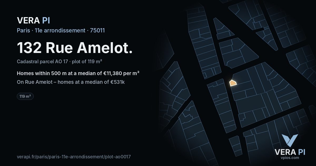 132 Rue Amelot, 11e arrondissement at night – the plot lit, the parcels around coloured by the prices near them