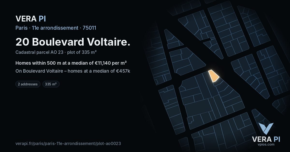20 Boulevard Voltaire, 11e arrondissement at night – the plot lit, the parcels around coloured by the prices near them