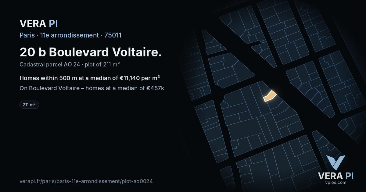 20 b Boulevard Voltaire, 11e arrondissement at night – the plot lit, the parcels around coloured by the prices near them