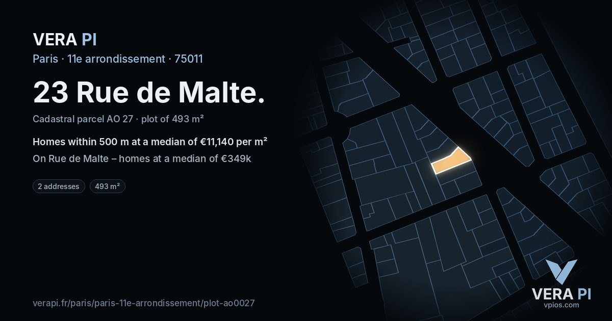 23 Rue de Malte, 11e arrondissement at night – the plot lit, the parcels around coloured by the prices near them