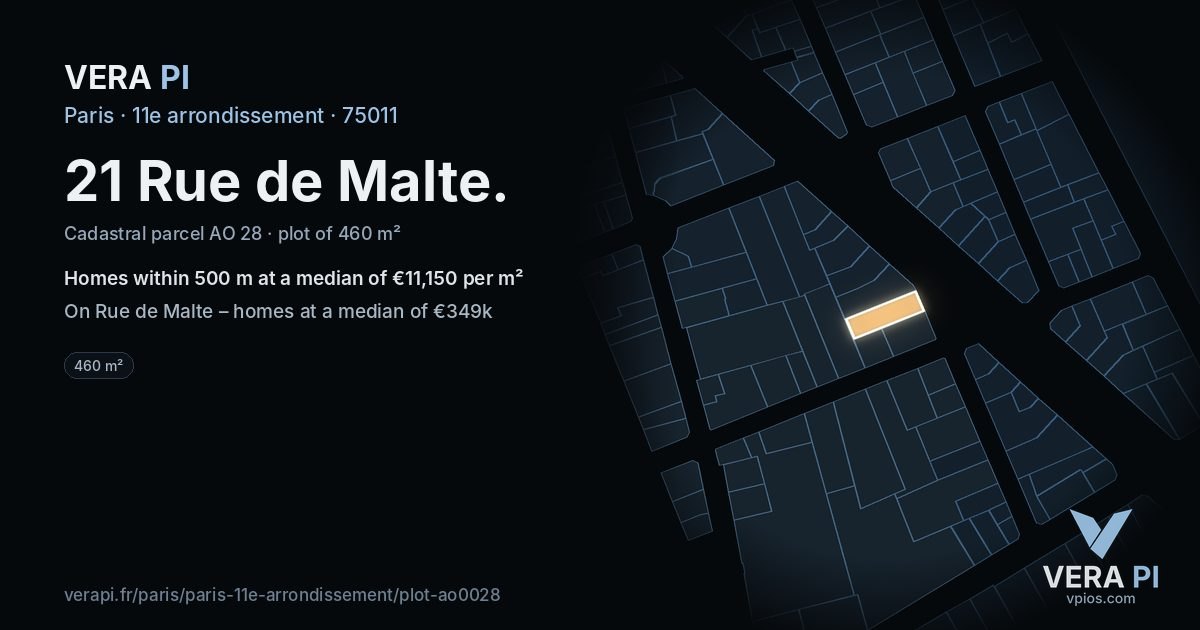 21 Rue de Malte, 11e arrondissement at night – the plot lit, the parcels around coloured by the prices near them