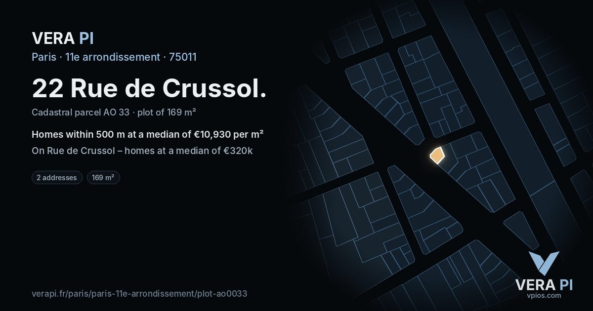 22 Rue de Crussol, 11e arrondissement at night – the plot lit, the parcels around coloured by the prices near them