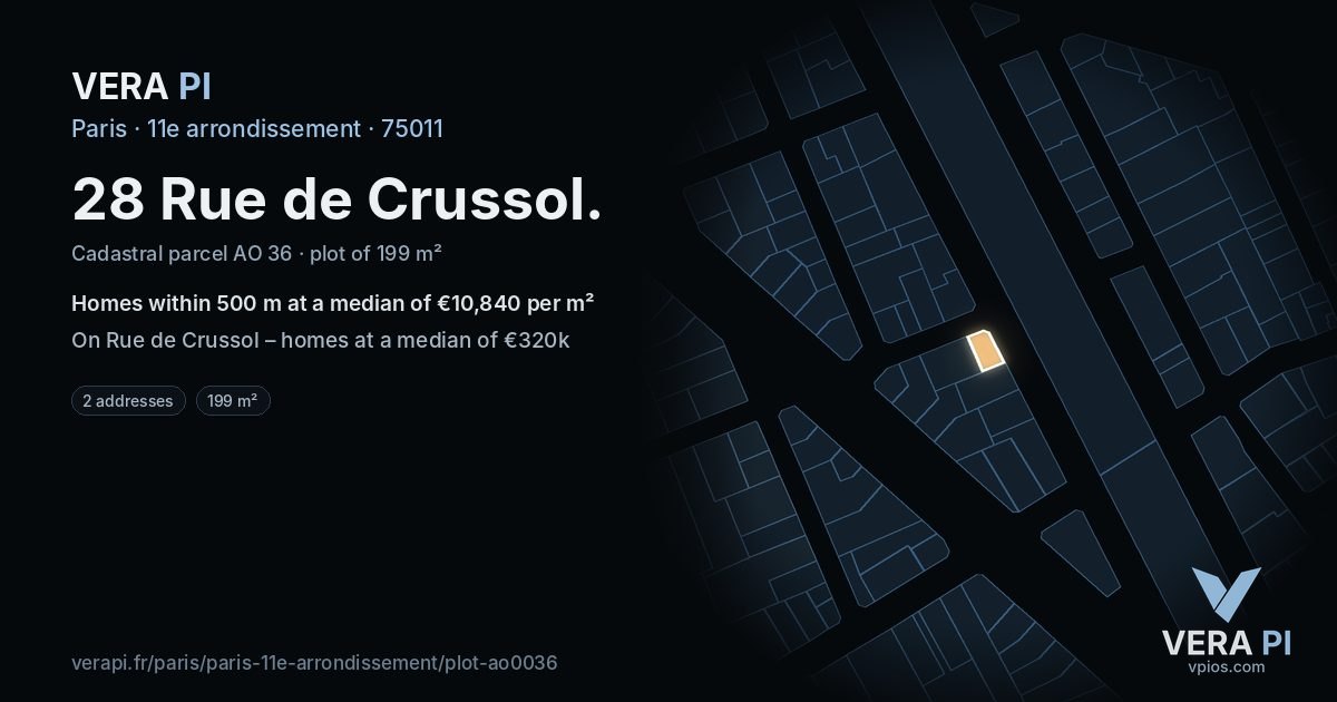 28 Rue de Crussol, 11e arrondissement at night – the plot lit, the parcels around coloured by the prices near them