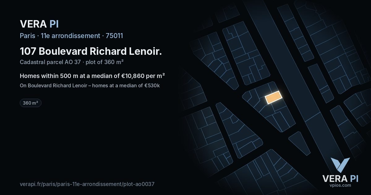 107 Boulevard Richard Lenoir, 11e arrondissement at night – the plot lit, the parcels around coloured by the prices near them