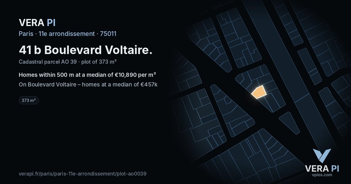 41 b Boulevard Voltaire, 11e arrondissement at night – the plot lit, the parcels around coloured by the prices near them