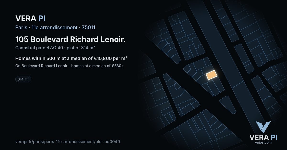 105 Boulevard Richard Lenoir, 11e arrondissement at night – the plot lit, the parcels around coloured by the prices near them