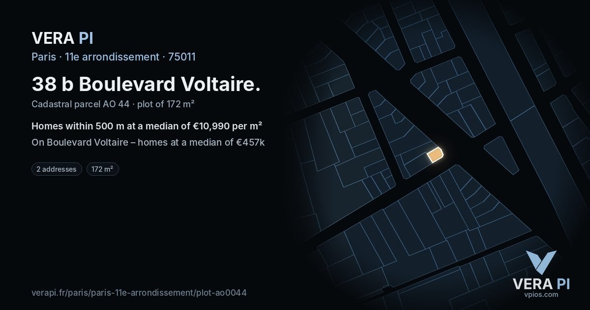 38 b Boulevard Voltaire, 11e arrondissement at night – the plot lit, the parcels around coloured by the prices near them
