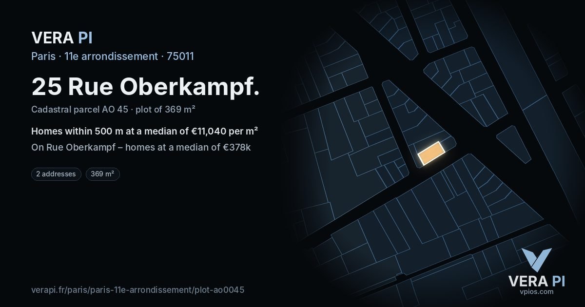 25 Rue Oberkampf, 11e arrondissement at night – the plot lit, the parcels around coloured by the prices near them