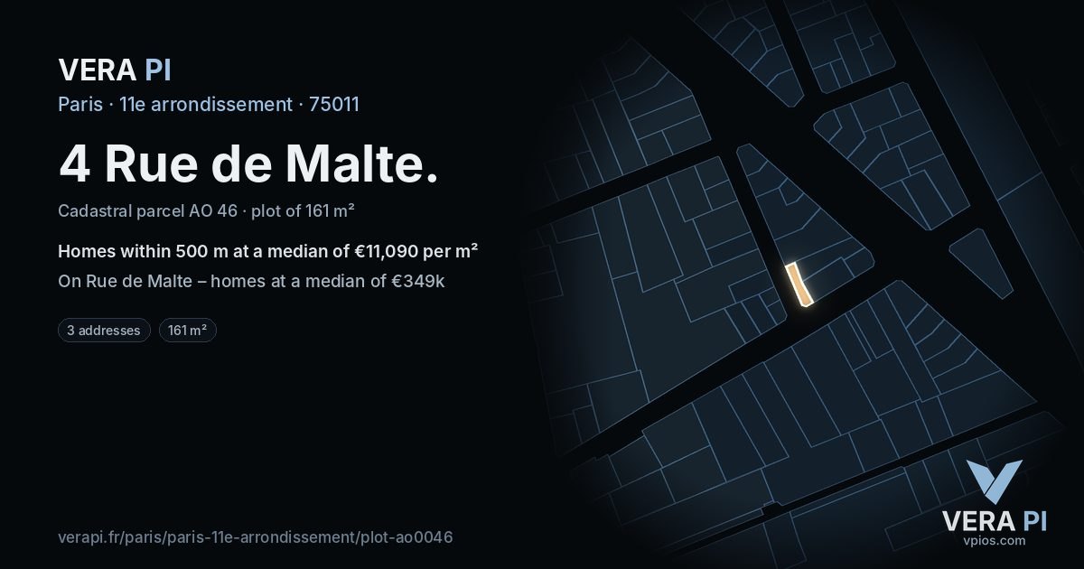 4 Rue de Malte, 11e arrondissement at night – the plot lit, the parcels around coloured by the prices near them