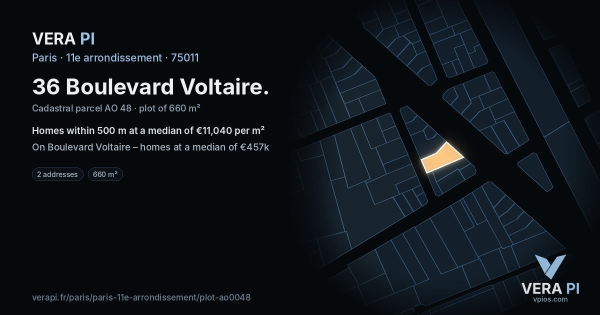 36 Boulevard Voltaire, 11e arrondissement at night – the plot lit, the parcels around coloured by the prices near them