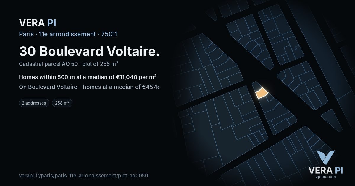 30 Boulevard Voltaire, 11e arrondissement at night – the plot lit, the parcels around coloured by the prices near them