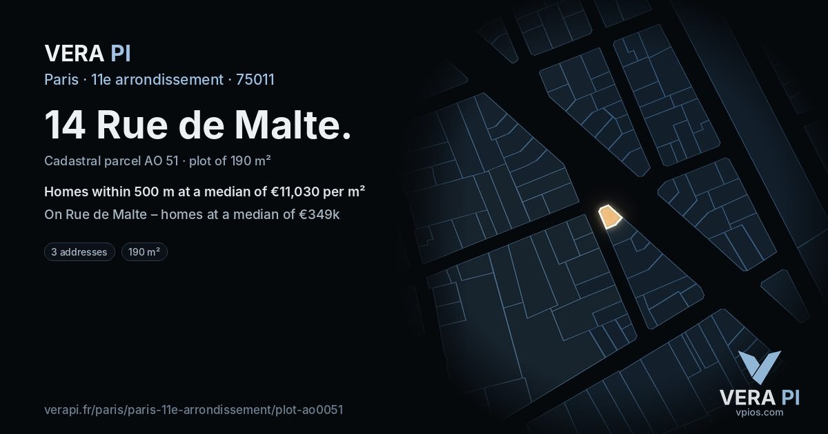 14 Rue de Malte, 11e arrondissement at night – the plot lit, the parcels around coloured by the prices near them