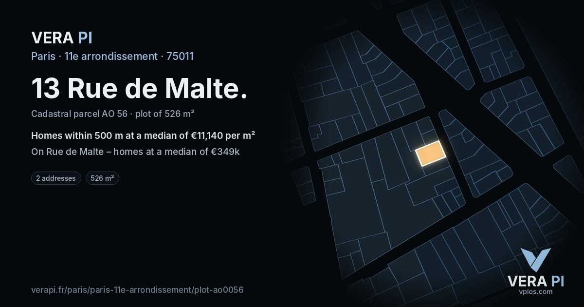 13 Rue de Malte, 11e arrondissement at night – the plot lit, the parcels around coloured by the prices near them